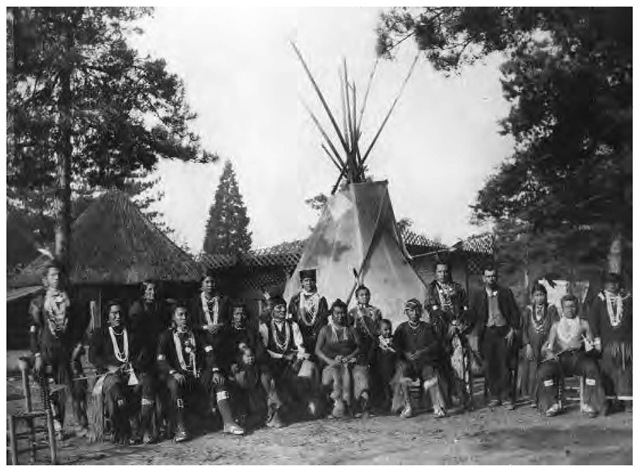 An Omaha group representing the North American Indians at the Colonial Exposition in Amsterdam in 1883. In the late eighteenth century the Omaha migrated to northeast Nebraska. Today, most Omahas live along the Iowa-Nebraska border. 