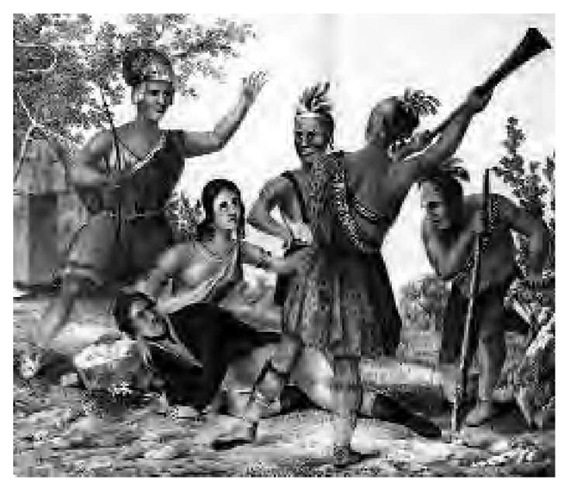 In this nineteenth-century sketch, Pocahontas, the daughter of Chief Wahunsonacock, intervenes to save the life of the leader of the Jamestown colonists, Captain John Smith. Smith was among a group captured in part because of Wahunsonacock's anger at the colonists' land grabbing and released after the chief was crowned king in an English-style ceremony.