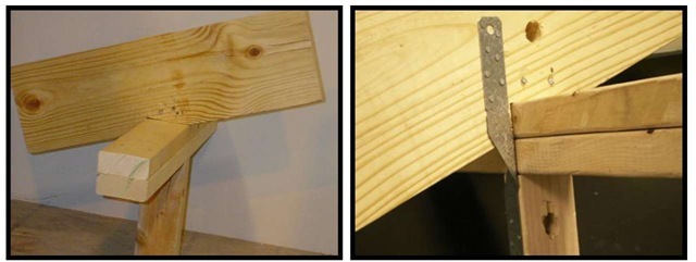 A basic framing connection was constructed (left) and, in some case, reinforced with a hurricane tie (right) 