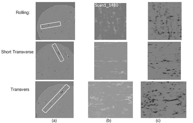 Void growth and coalescence in the sliced vertical section for the specimens loaded in different directions; (a) selected small vertical section, (b) map of constituent particle, (c) map of voids 