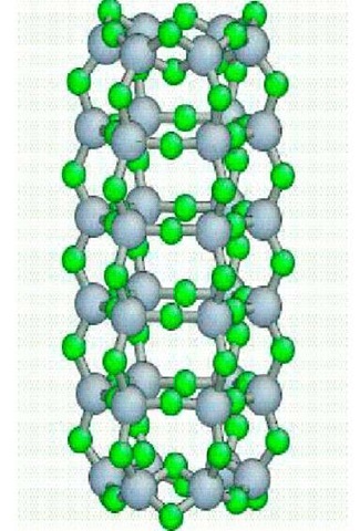 A silica nanorod comprised of 108 atoms, oxygen is green and silicon is gray 