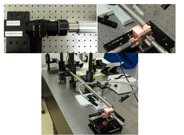 Borescope experimental setup. (Upper Left) Camera setup with relay lens. (Upper Right) Imaging end of borescope with lighting, speckle pattern and stages. (Bottom) Overall experimental setup.