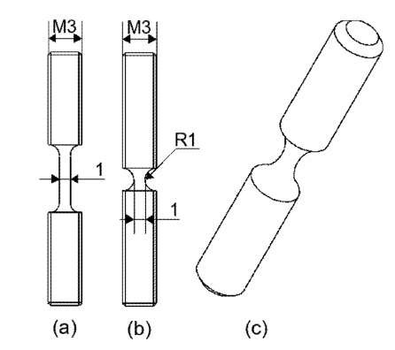 Tensile samples used: smooth specimen (a), 1mm radius notched specimen (b), 3D view (c) 