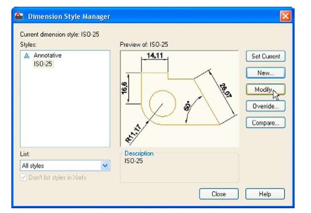 The Dimensions Style Manager dialog 
