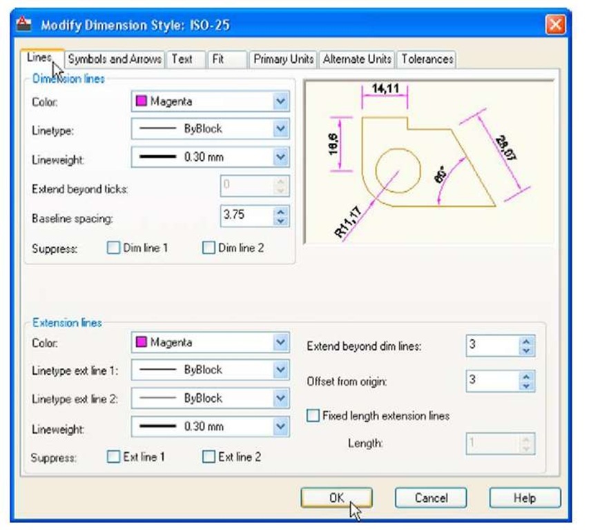 The setting for Lines in the Modify Dimensions Style dialog 
