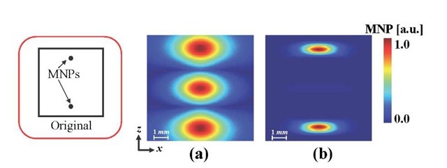 Improvement of image resolution by suppressing the interference signals on the basis of equation (4). When using the conventional method, an image artifact was formed at the FFP between the nanoparticles placed symmetrically on either side of the FFP (a). With the proposed method, this image artifact was eliminated, and the spread of the field distribution in the z-direction was suppressed on the basis of equation (4) (b). 