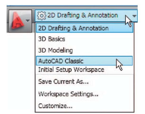 Selecting Classic Workspace from the popup menu 