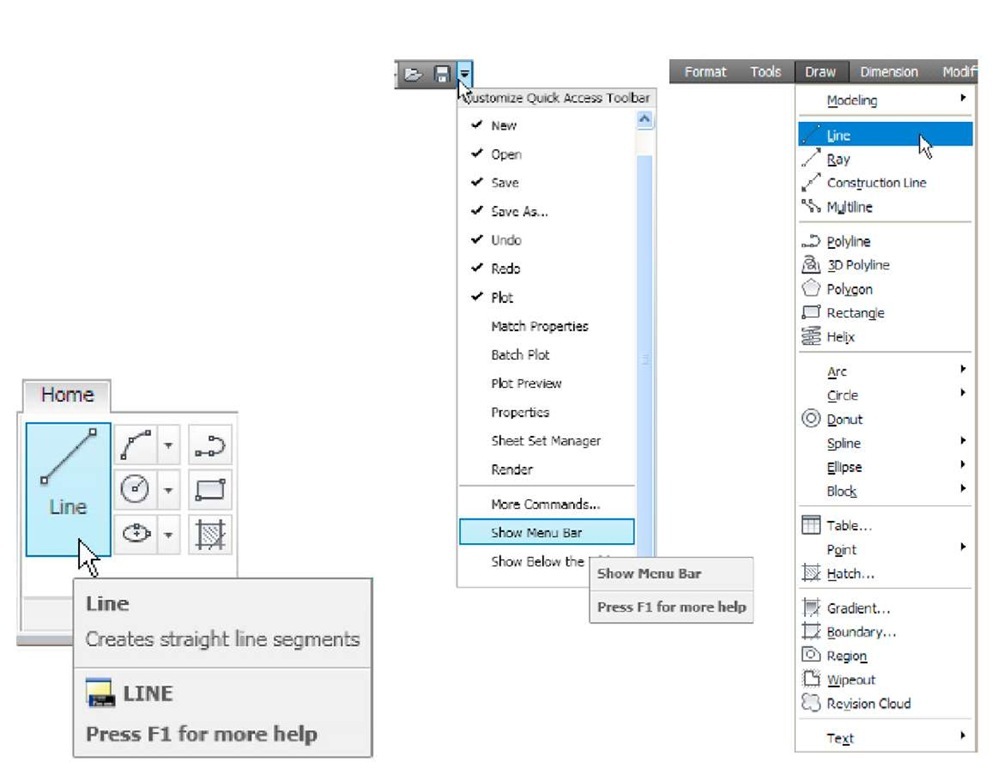 The Line tool from the Home/Draw Fig. 2.2 Selecting the Line tool in the 2D Drafting & Annotation workspace Panel with its tooltip 