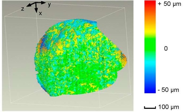 The 3D comparison between the digital-holographic and the confocal-microscopic shape map displayed in a false color representation. The maximal error is between ca. ±50 ^m, while the average error is between ca. ±13 ^m