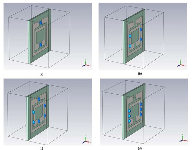 AFIT metamaterial unit cell variants. (a) Layout A with cantilevers in the gaps of the split rings. (b) Layout B with two set of cantilevers between the inner and outer split ring per side of the cell. (c) Layout C with sets of cantilevers in the split ring gaps and two sets per side of the cell. (d) Layout D with three sets of intra-ring cantilevers per side of the cell.
