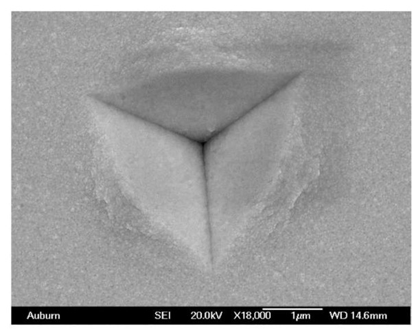 SEM micrograph of indent on Au film at 18,000X 