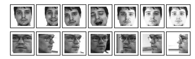 Sample images from AR Face (top row) and CMU-PIE (bottom row) datasets. Faces in the top row were detected by VJ, faces in the bottom were manually aligned. 