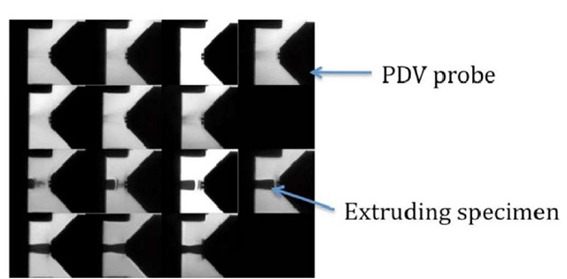 High speed photography of the extruding specimen approaching the PDV probe