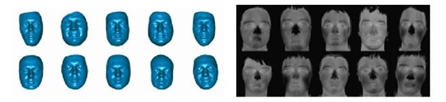 An example of the models in database (from the left): 3D faces, 2D thermal images 