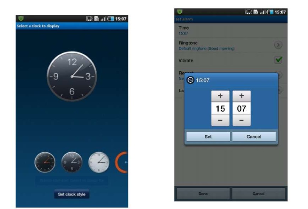 Clock Face Personalisation (Left) and Alarm Time Setting (Right) 