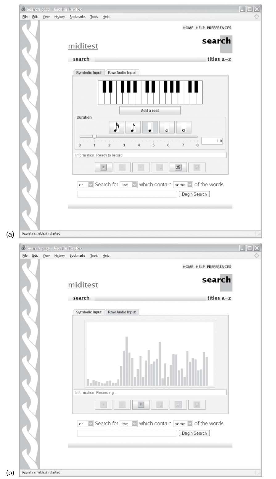 A musical digital library: (a) symbolic audio query; (b) singing a query; 