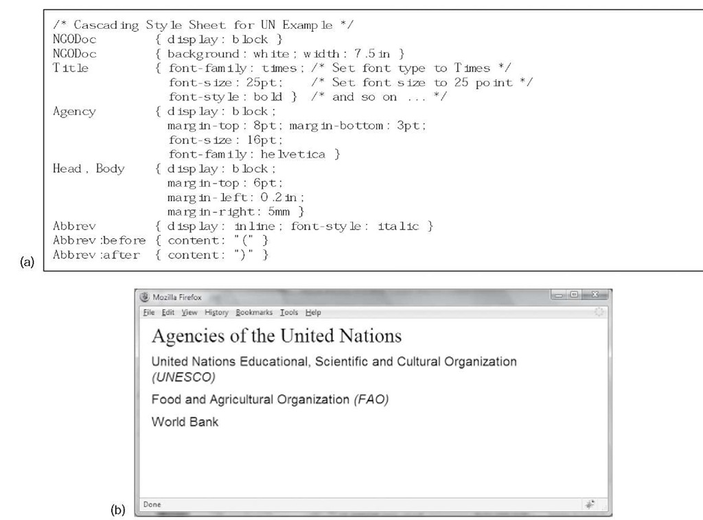 (a) Basic CSS style sheet for the United Nations Agencies example; (b) viewing the result in an XML-enabled Web browser 