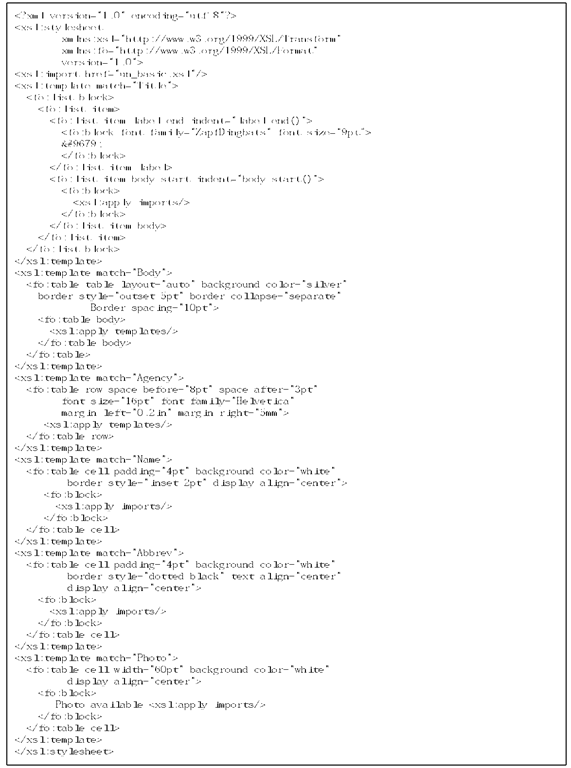  XSL style sheet illustrating tables and lists 