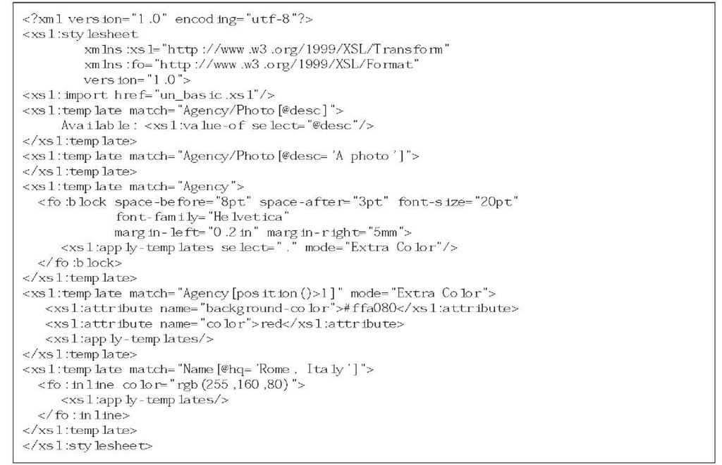 XSL style sheet illustrating context-sensitive formatting 