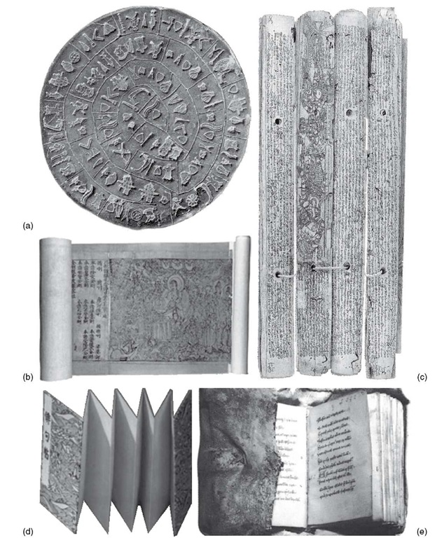 Ancient devices for portable writing: (a) clay tablet; (b) scroll; (c) palm leaves (from Thanja-vur Maharaja Serfoji's Sarasvat Mahal Library, Thanjavur, Tamil Nadu, 1995); (d) concertina; (e) codex 