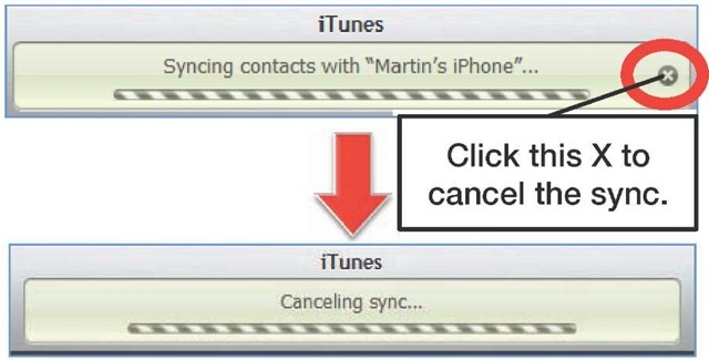 Clicking the X in the status window in iTunes to cancel the sync To cancel the sync from the iPhone: 