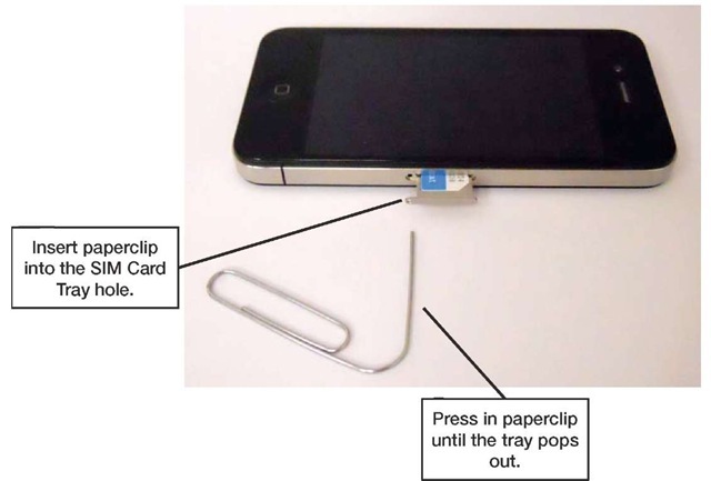 Insert a paperclip into the SIM Card Tray hole to eject and remove the SIM Card 