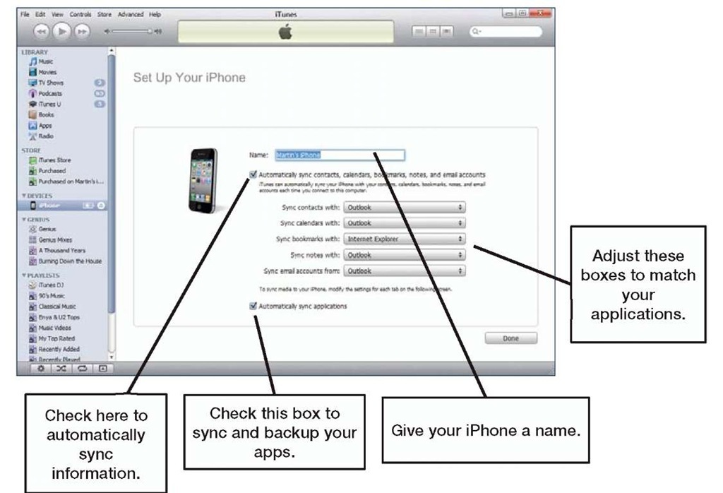 Set Up Your iPhone screen—naming your iPhone and selecting sync options 