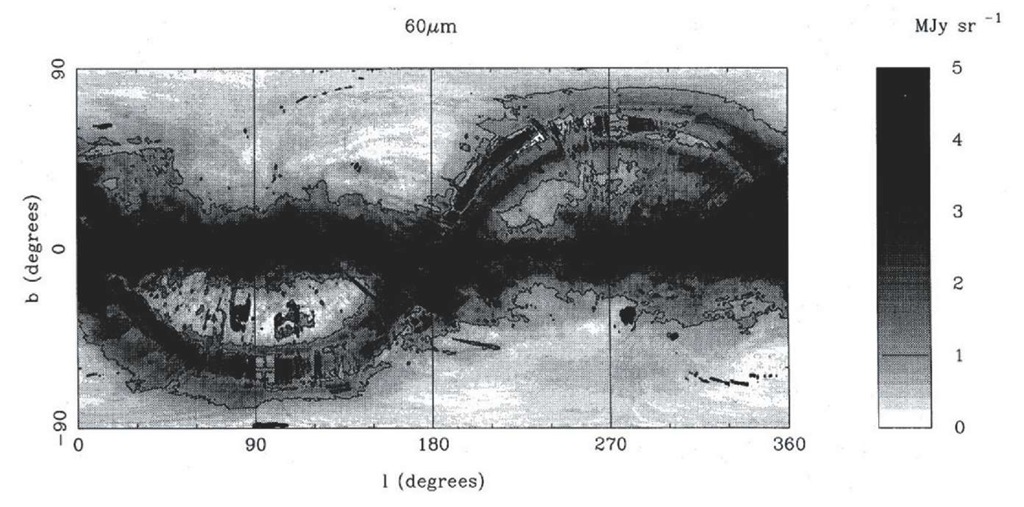 From Rowan-Robinson et al (1991). Grey-scale and contour map of the 60 micron emission, in Galactic coordinates, after subtraction of RHVW and application of a correction factor. 
