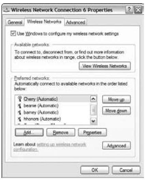 The Wireless Network Connection Properties dialog box.