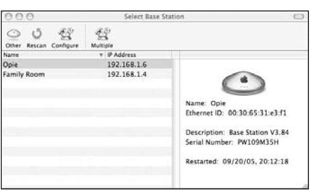 The OS X Select Base Station window.