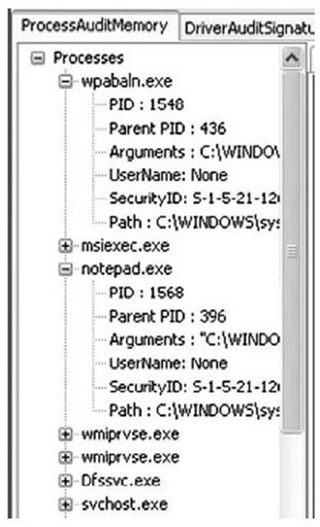 Audit Viewer User Interface Showing Processes Tree 
