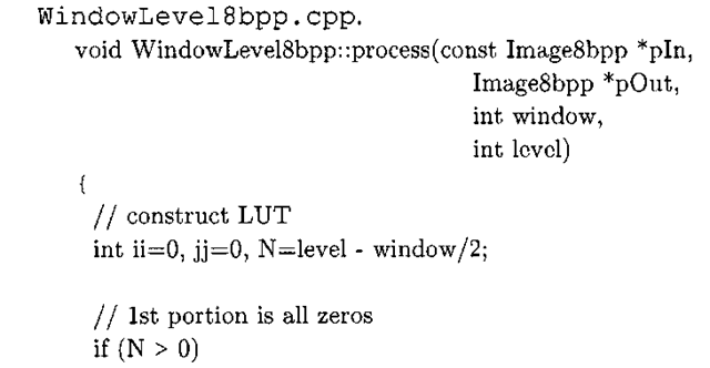 Listing 3-9: The core C++ window/level algorithm, from