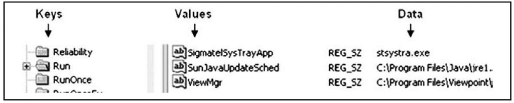 Excerpt of Windows Registry Showing Keys, Values, and Data