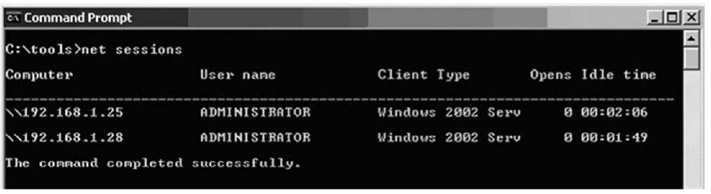 Output of the net sessions Command on Windows 2003 