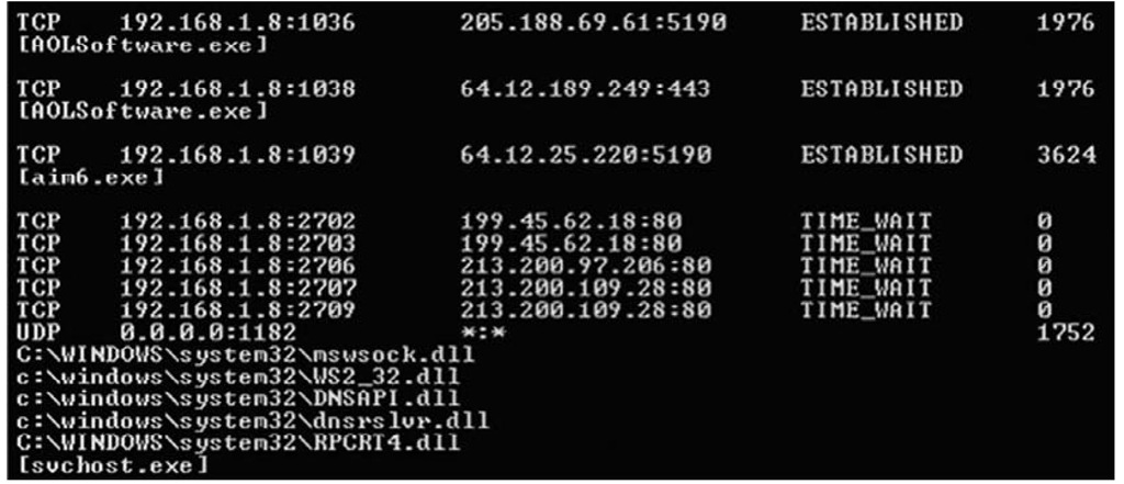 Excerpt of Output from netstat -anob from a Windows XP SP2 System 