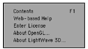 The LightWave v9 Help menu gives you quick access to online help and licensing.