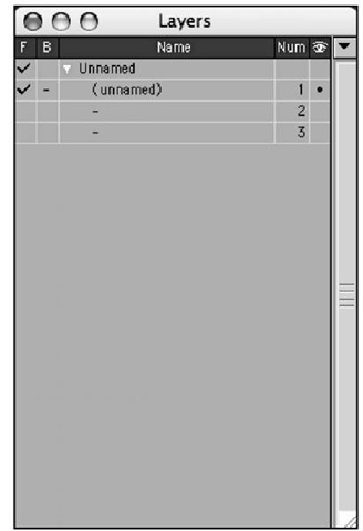 Pressing F7 opens the Layers panel, which gives you access to Modeler layers. Here you see a blank Layers panel, because no objects are loaded.