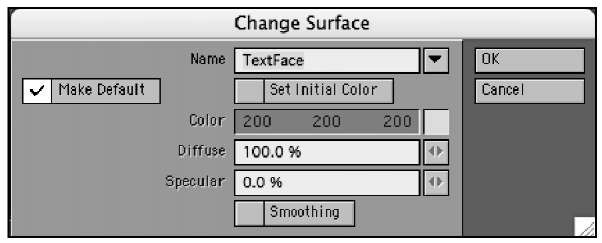 The Change Surface panel, accessible from the bottom of the Modeler interface (or by pressing q), enables you to name and assign colors to polygonal regions.