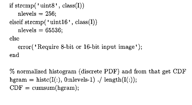 Listing 3-12: MATLAB function for histogram equalization. 