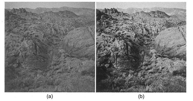 Histogram equalizing hills .bmp via histeqRGB.(a) Original 24-bit RGB image, (b) Result of equalizing the "value" channel of the HSV transformed image, and then applying the HSV-to-RGB mapping. 