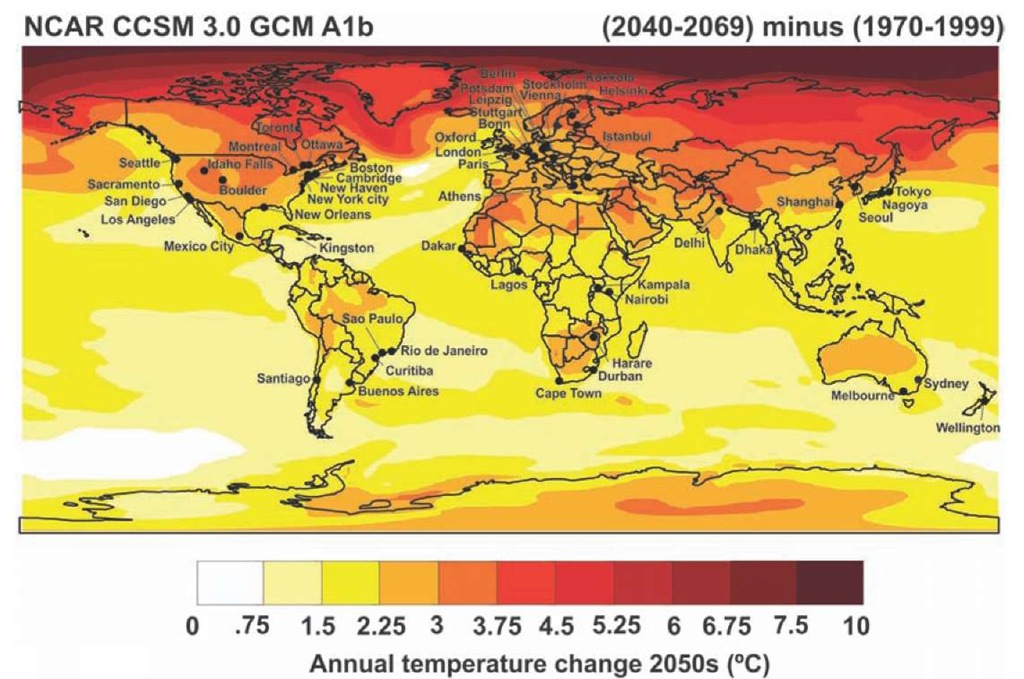 Cities represented in ARC3 and 2050s temperature projections for the NCAR CCSM 3.0 GCM with greenhouse gas emissions scenario A1b. 