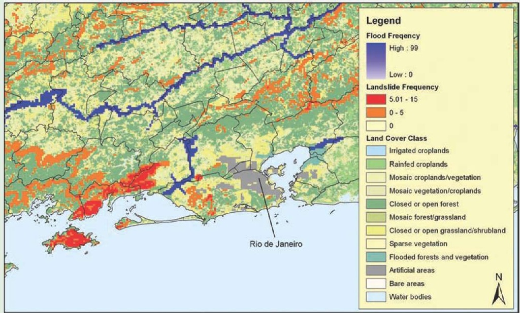 Rio de Janeiro: flood and landside risk (Global Risk Data Platform Preview). Flood frequency is the expected average number of events per 100 years. Landslide frequency is the expected annual probability and percentage of pixel of occurrence of a potentially destructive landslide event x1,000,000. 