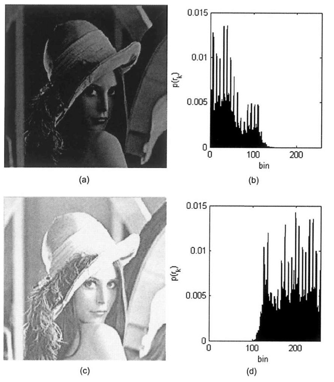 Comparison of dark vs. bright images, (a) Dark image, (b) Dark image histogram, (c) Bright image, (d) Bright image histogram. 