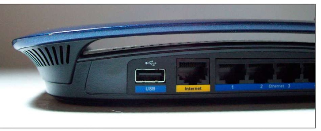 A USB port on a router for an external storage device. 