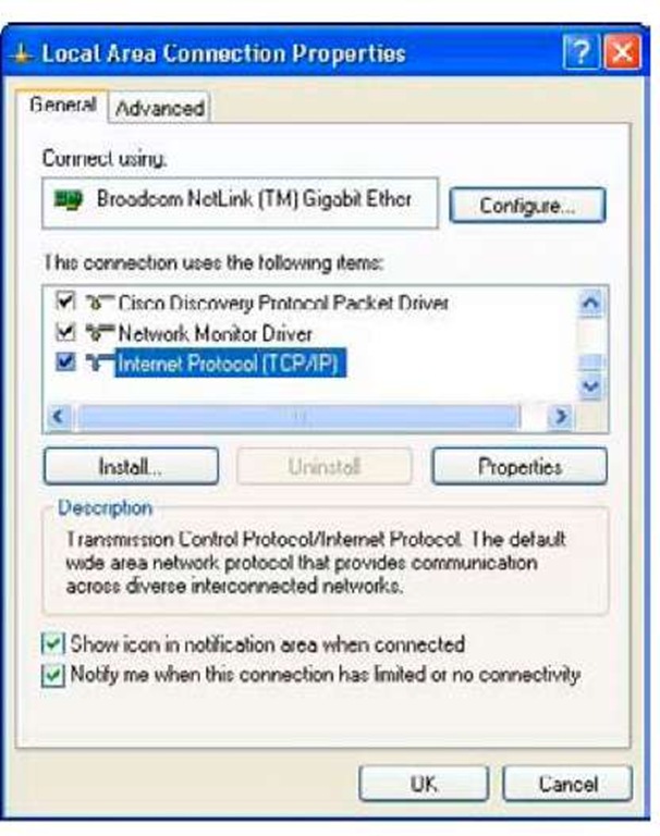 Windows XP adapter properties. 