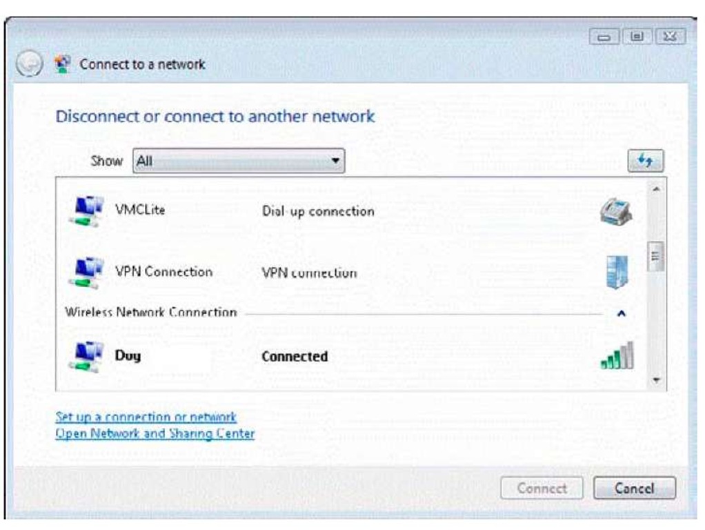 Besides your wireless networks, you might also find dial-up and VPN connections. 