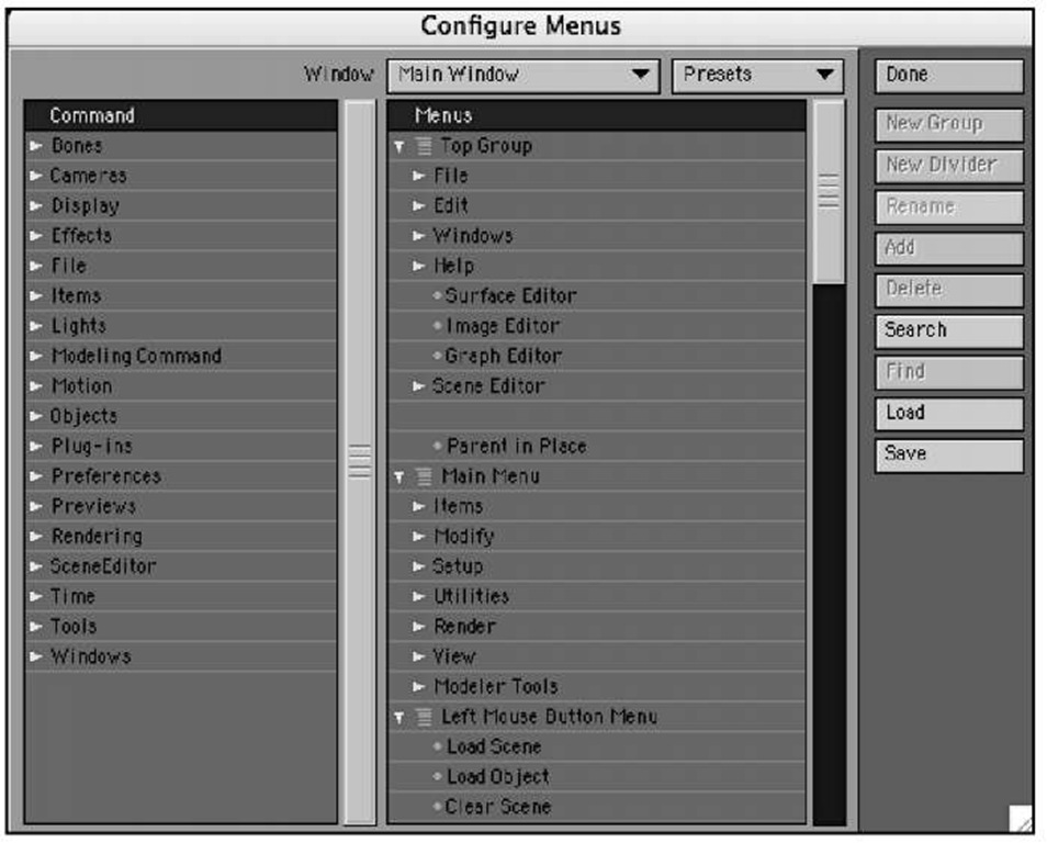 The Configure Menus panel, chosen from the Edit drop-down list's Edit Menu Layout command.