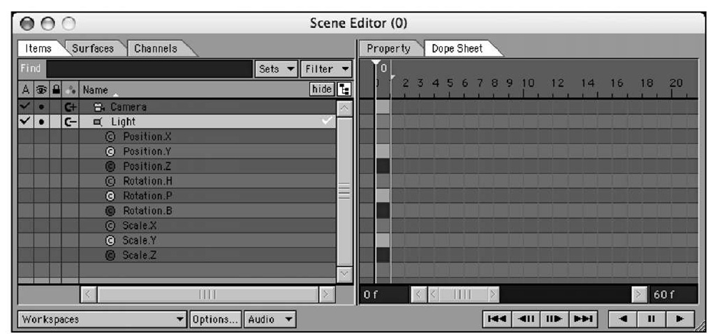 The left side of the Scene Editor contains the items you want to control.