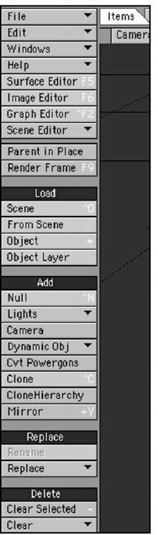 Layout's Items menu tab and its toolset, which allows you to load scenes and replace, add, and delete objects.