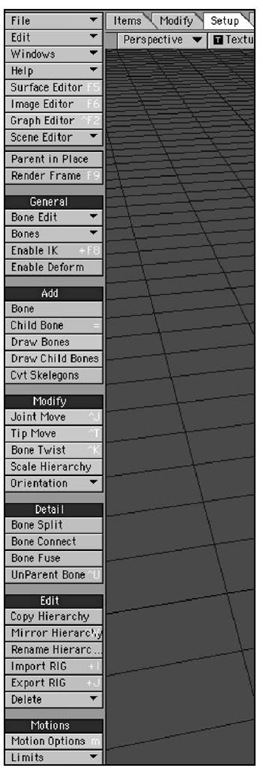 The Setup tab in Layout is where you find all the tools needed to work with bones, LightWave's deformation tools, and the Layout equivalent of Skelegons.